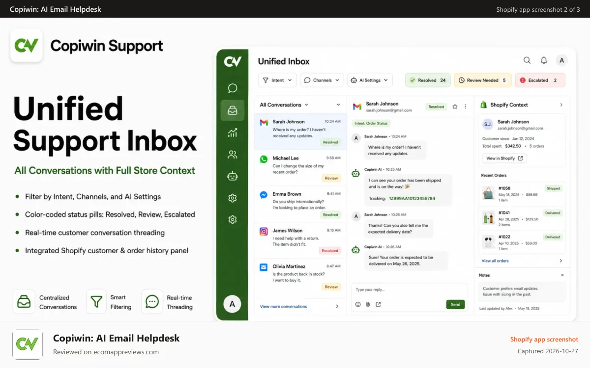 Copiwin: AI Email Helpdesk Shopify app screenshot: Copiwin Support Inbox with Shopify Order Context