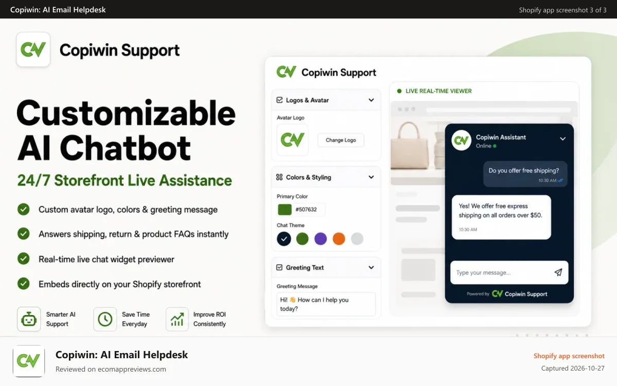 Copiwin: AI Email Helpdesk Shopify app screenshot: Copiwin AI Queue with Green Yellow Red Routing