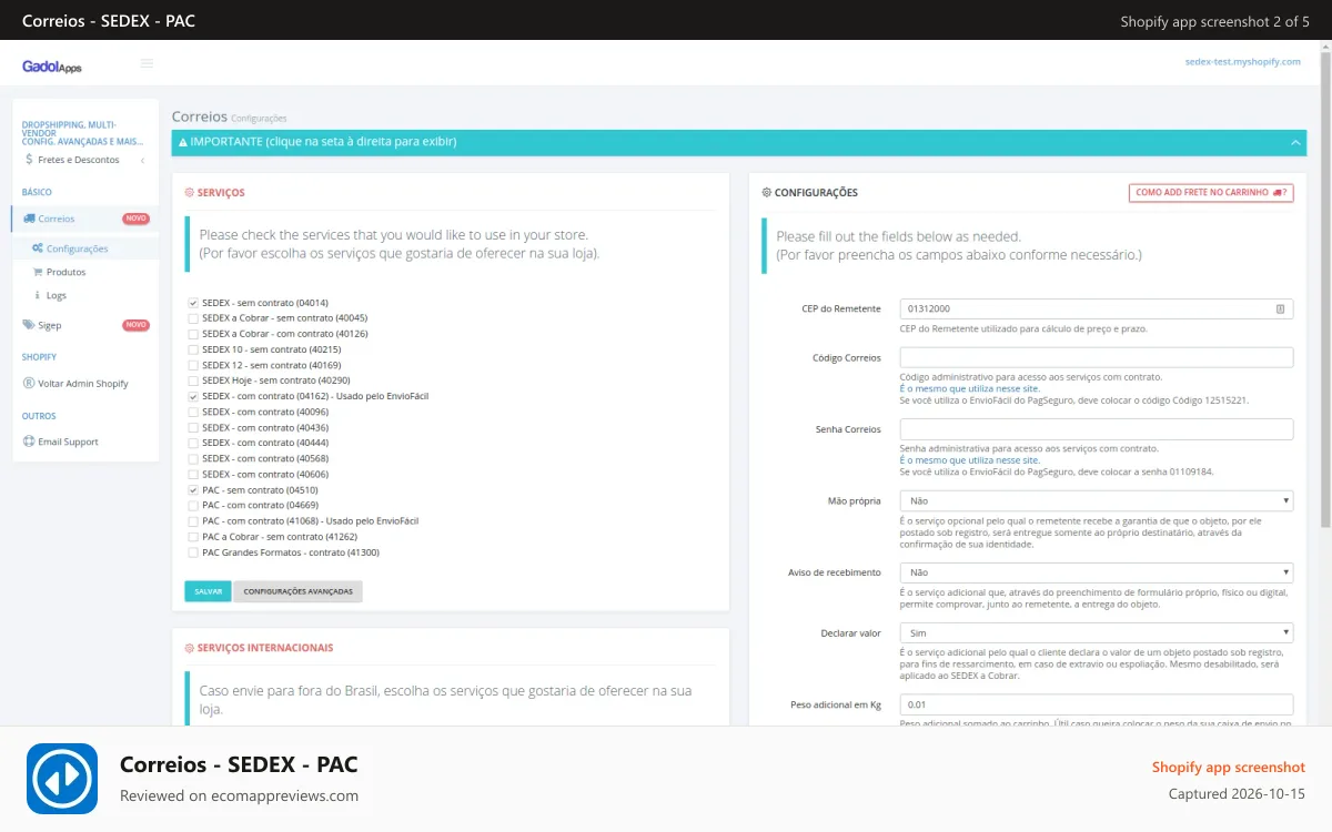 Correios ‑ SEDEX ‑ PAC Shopify app screenshot: Configuração básica