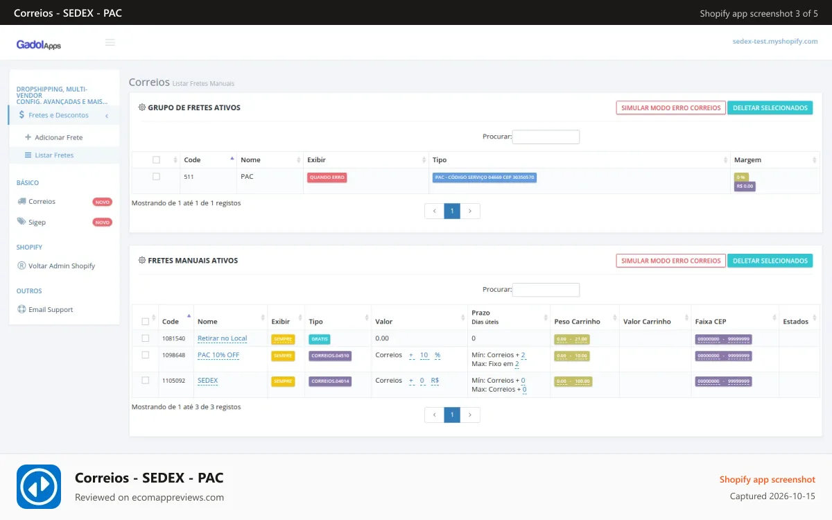 Correios ‑ SEDEX ‑ PAC Shopify app screenshot: Configuração avançada
