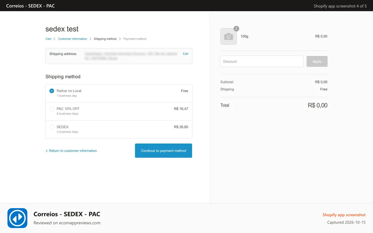 Correios ‑ SEDEX ‑ PAC Shopify app screenshot: Checkout