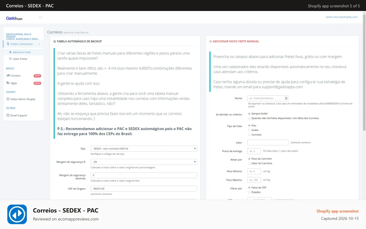 Correios ‑ SEDEX ‑ PAC Shopify app screenshot: Configuração avançada