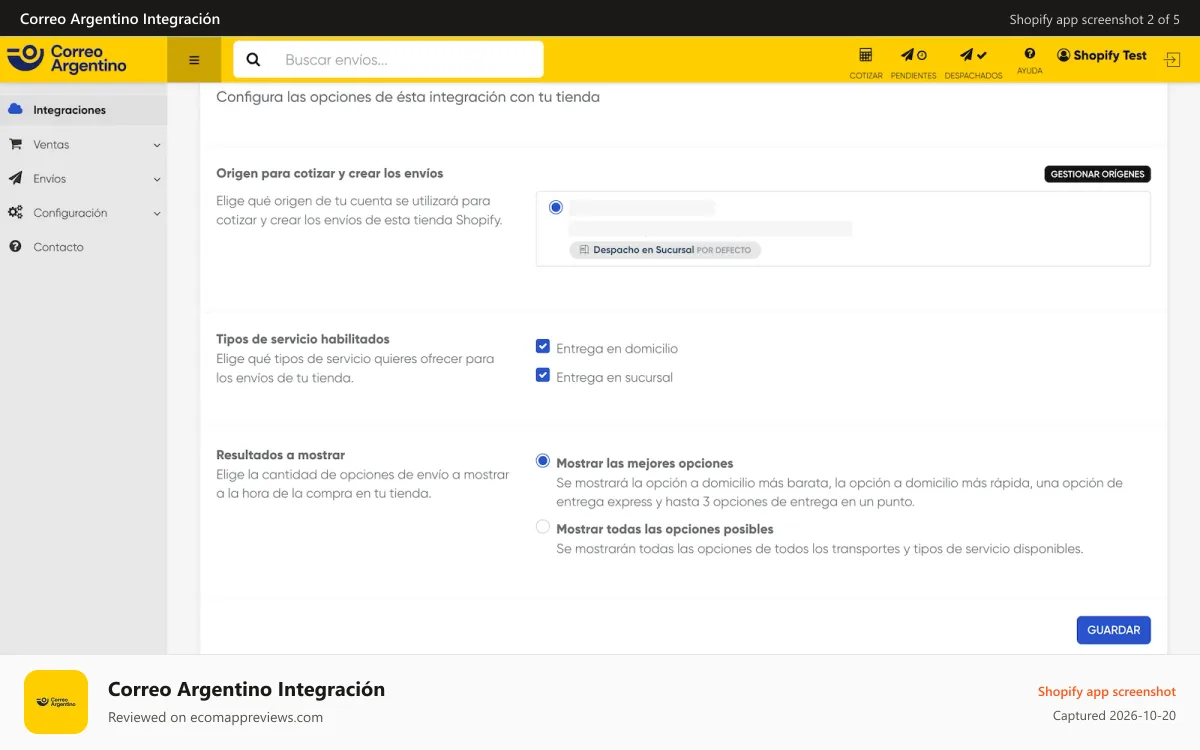 Correo Argentino Integración Shopify app screenshot: Conectá tu tienda con la plataforma de Correo Argentino