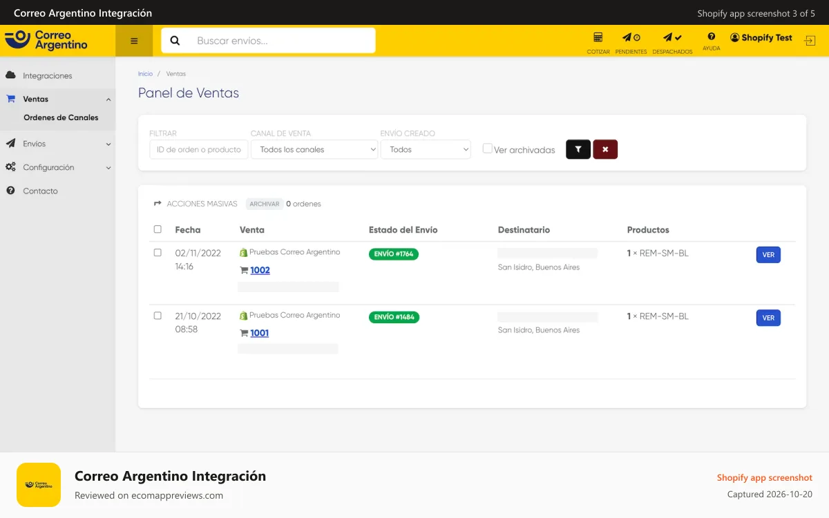 Correo Argentino Integración Shopify app screenshot: Sincronizá automáticamente tus ventas