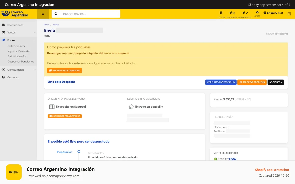 Correo Argentino Integración Shopify app screenshot: Creá envíos en Correo Argentino en forma automática
