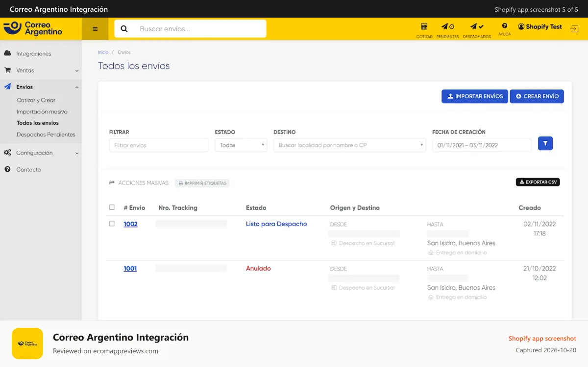 Correo Argentino Integración Shopify app screenshot: Gestioná todos tus envíos de distintas integraciones
