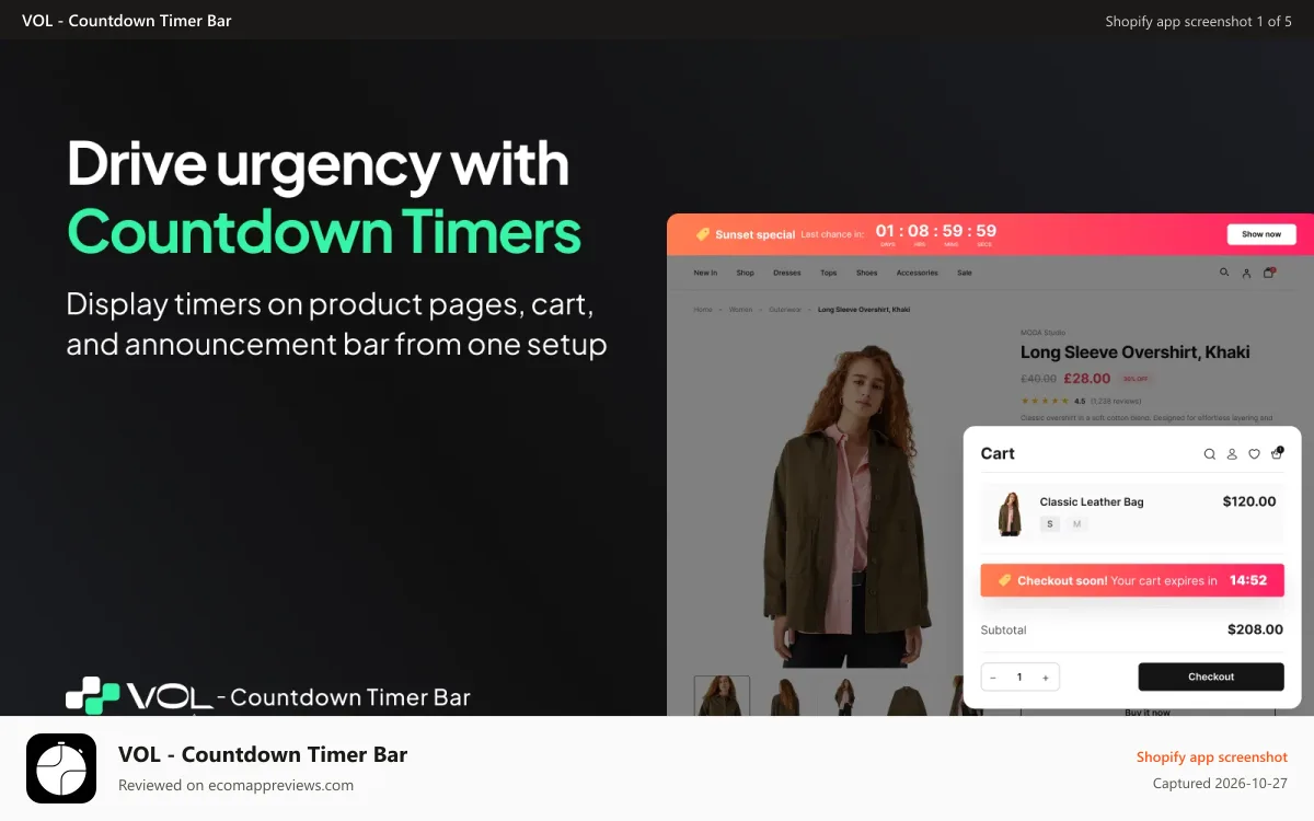 VOL ‑ Countdown Timer Bar Shopify app screenshot: Increase conversions with countdown timers across your store