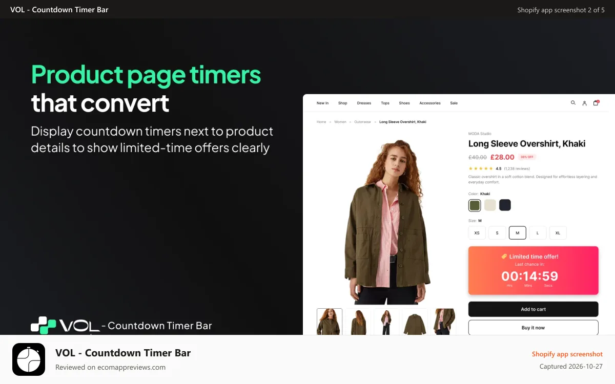 VOL ‑ Countdown Timer Bar Shopify app screenshot: Display countdown timers on product pages to highlight offers