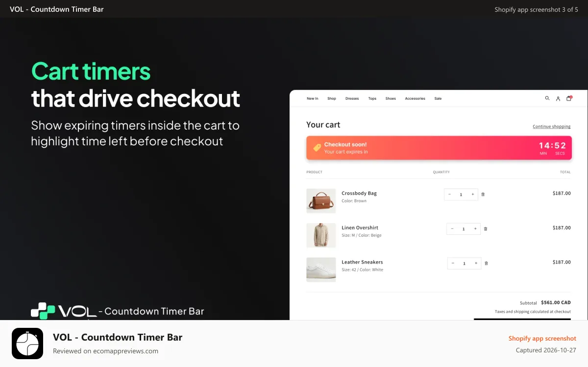 VOL ‑ Countdown Timer Bar Shopify app screenshot: Add cart countdown timers to drive faster checkout decisions