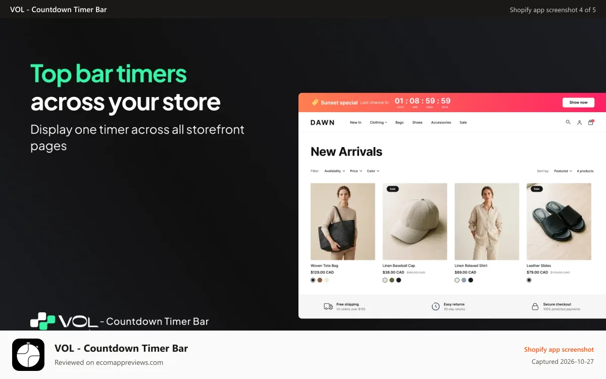 VOL ‑ Countdown Timer Bar Shopify app screenshot: Show countdown timers in announcement bars across all pages