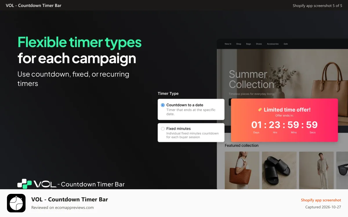 VOL ‑ Countdown Timer Bar Shopify app screenshot: Schedule timers with recurring, fixed, and date-based countdowns