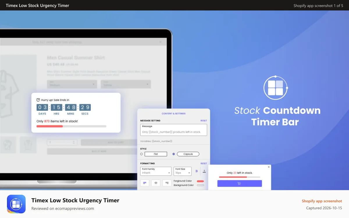 Timex Low Stock Urgency Timer Shopify app screenshot: Stock Countdown Timer Bar
