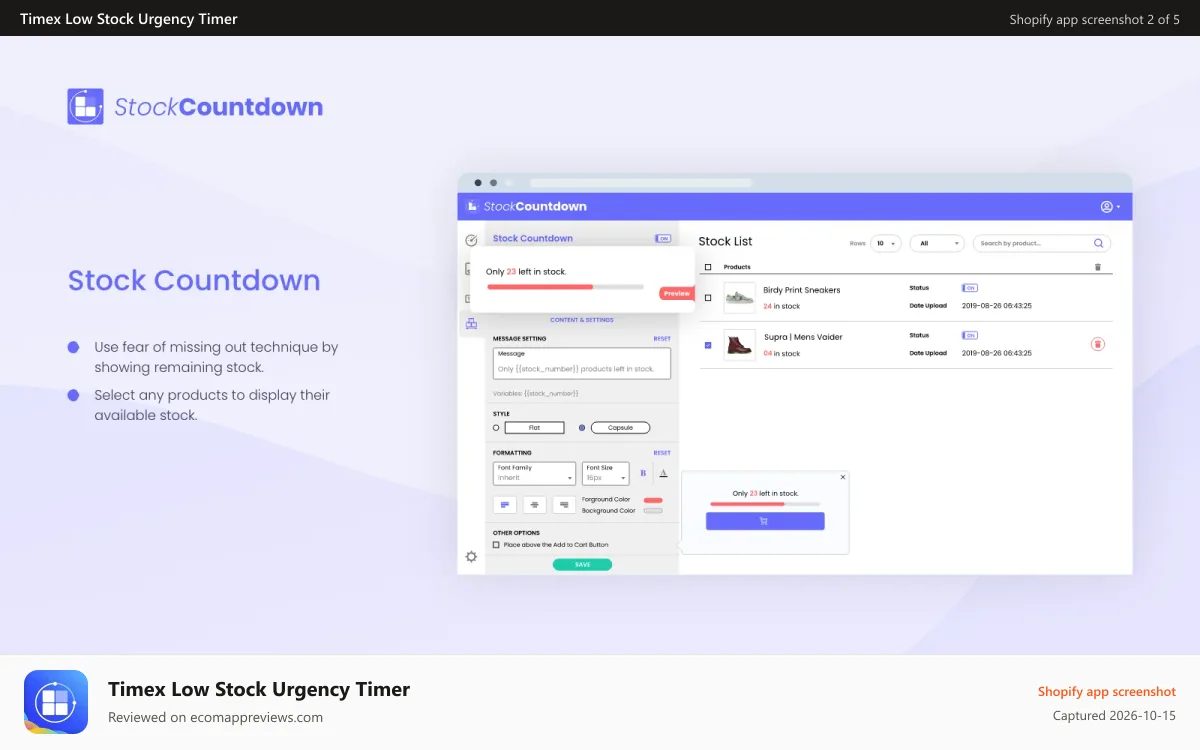 Timex Low Stock Urgency Timer Shopify app screenshot: stock countdown for fomo