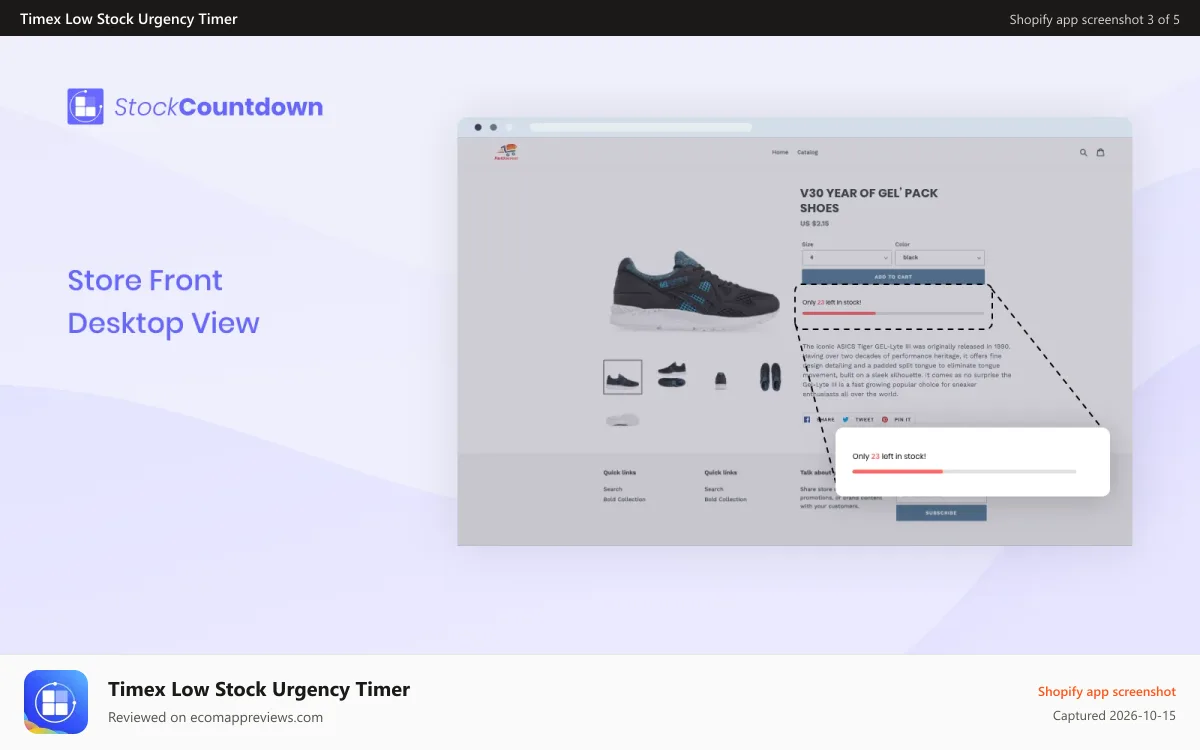 Timex Low Stock Urgency Timer Shopify app screenshot: Show stock countdown on store front