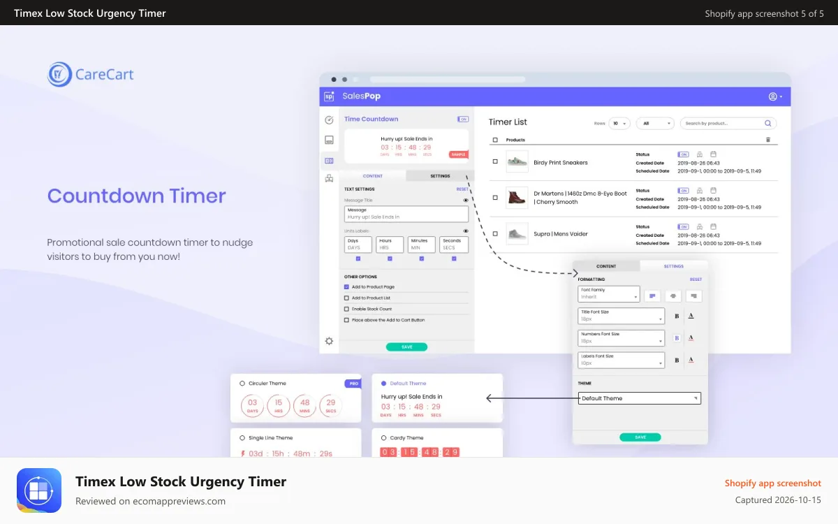 Timex Low Stock Urgency Timer Shopify app screenshot: countdown timer