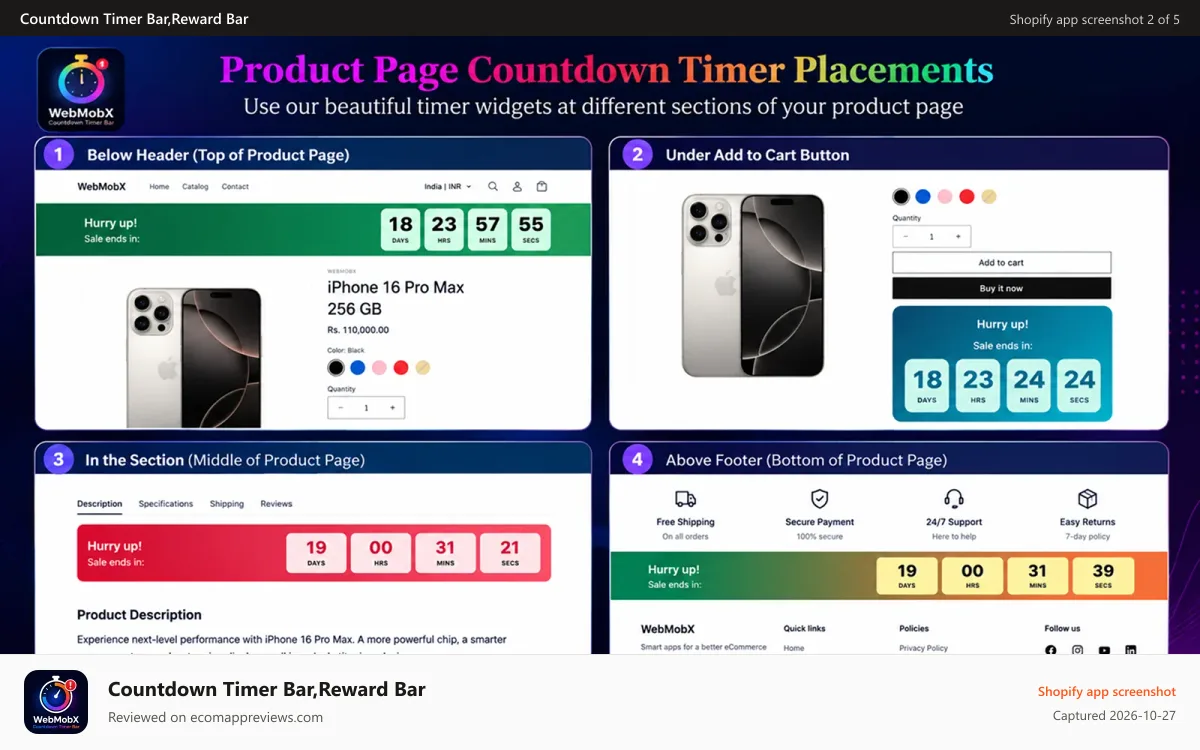 Countdown Timer Bar,Reward Bar Shopify app screenshot: Product Page
