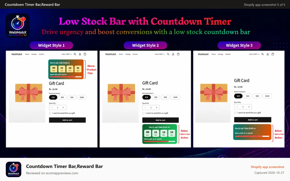 Countdown Timer Bar,Reward Bar Shopify app screenshot: Low Stock Bar