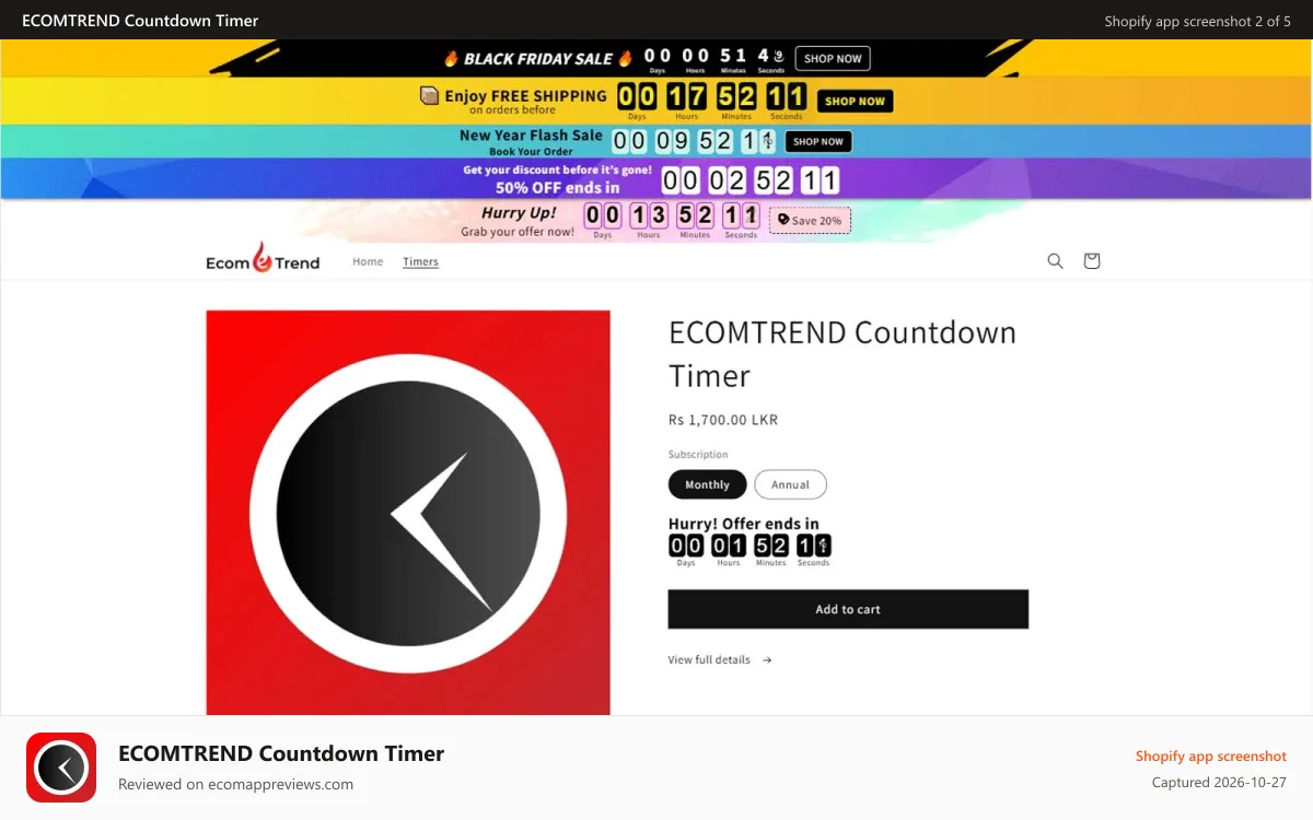 ECOMTREND Countdown Timer Shopify app screenshot: sample countdown timers