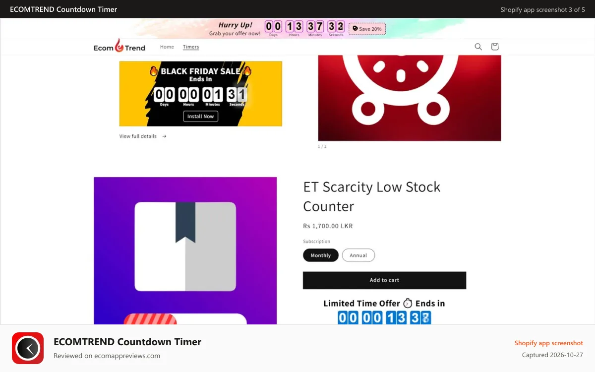 ECOMTREND Countdown Timer Shopify app screenshot: sample countdown timers