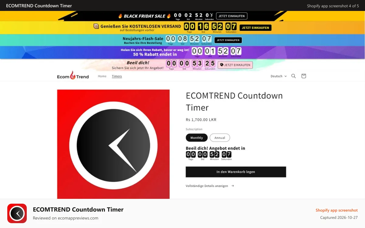 ECOMTREND Countdown Timer Shopify app screenshot: localized timers