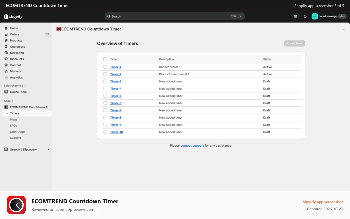 ECOMTREND Countdown Timer Shopify app screenshot: 10 separate timers