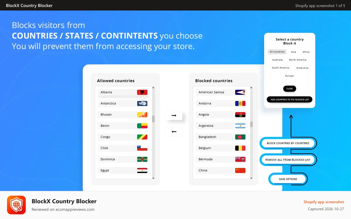 BlockX Country Blocker Shopify app screenshot: Country blocker dashboard with geo blocking settings