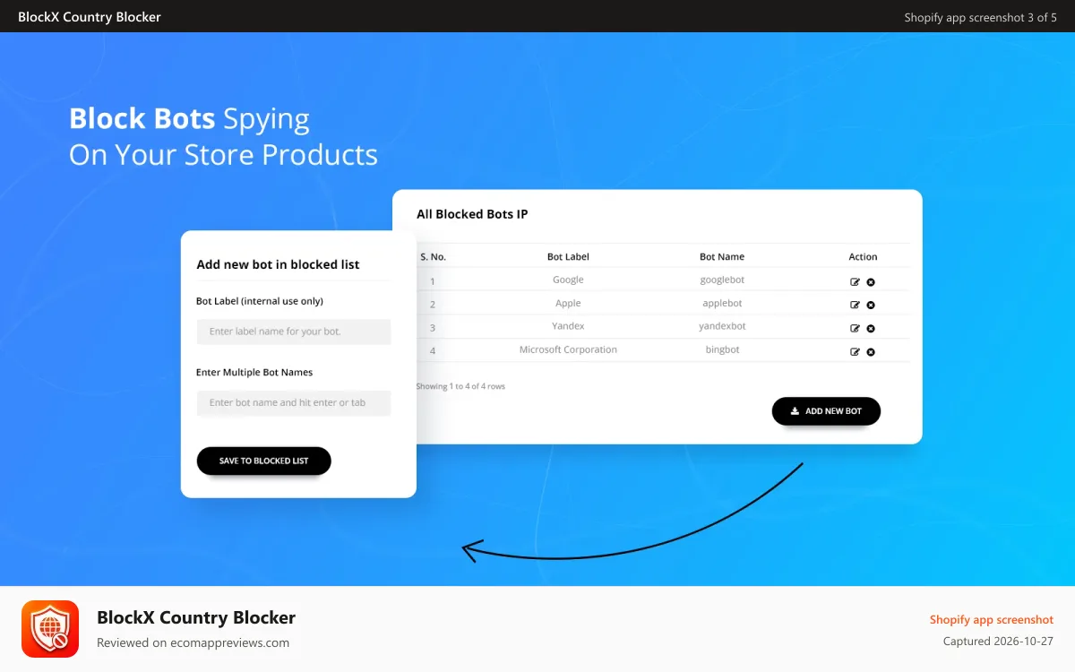 BlockX Country Blocker Shopify app screenshot: Custom blocked page templates for country restrictions