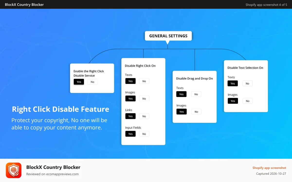 BlockX Country Blocker Shopify app screenshot: Content protection with right click and copy protection