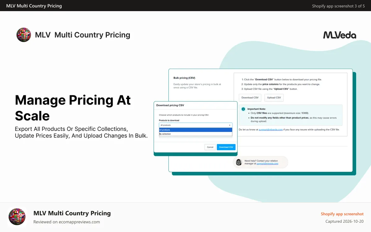 MLV Multi Country Pricing Shopify app screenshot: Multi Country Pricing Bulk pricing upload