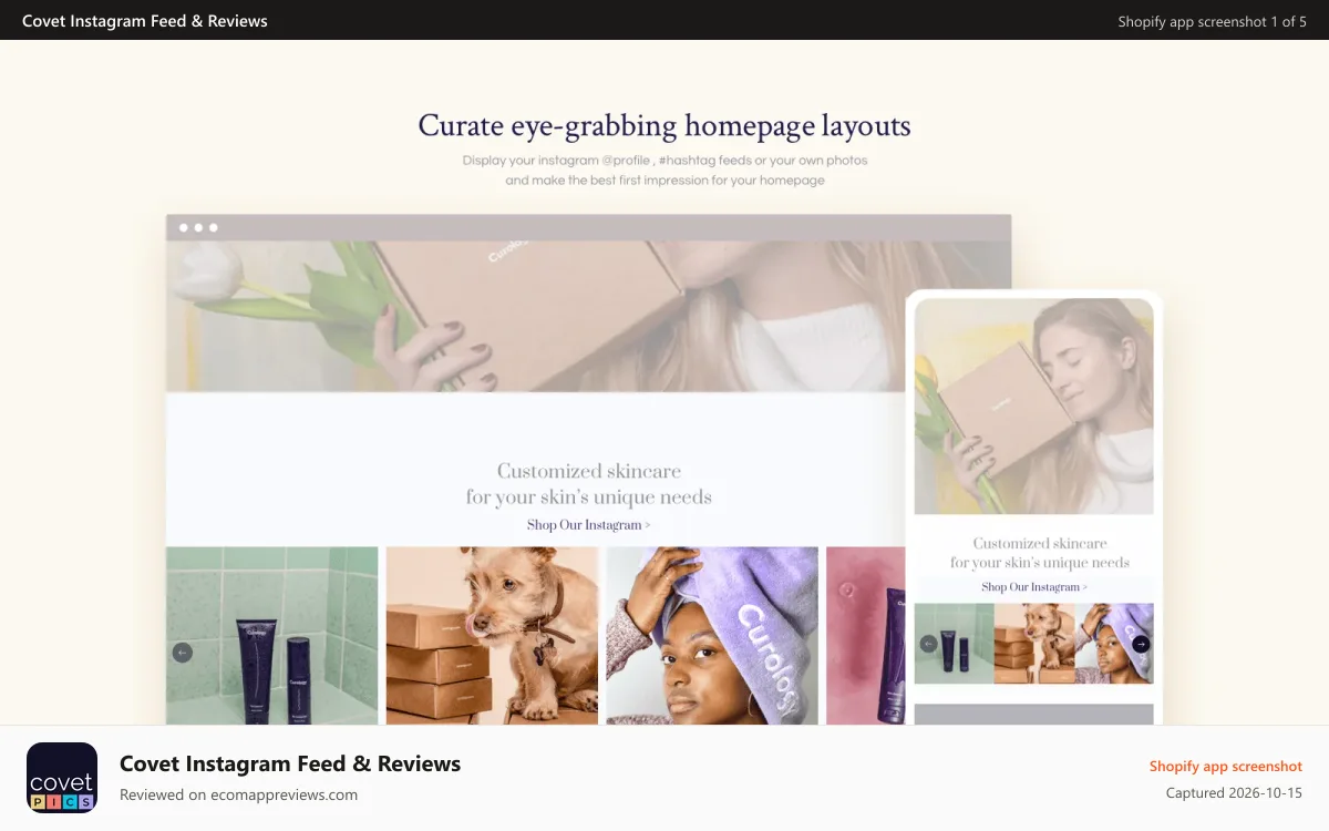 Covet Instagram Feed & Reviews Shopify app screenshot: Curate eye-grabbing homepage layouts