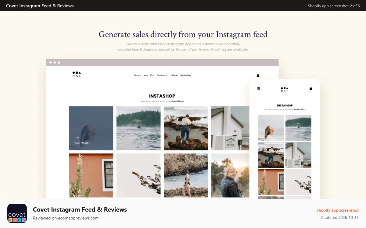 Covet Instagram Feed & Reviews Shopify app screenshot: Generate sales directly from your Instagram feed