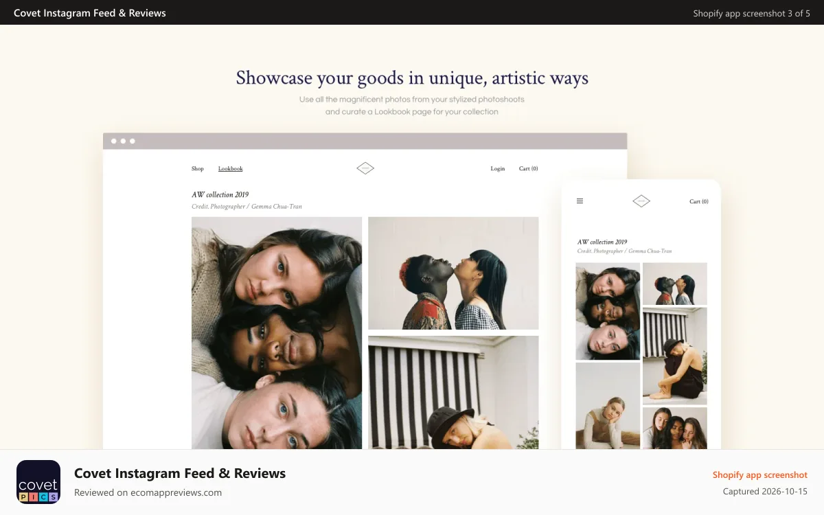 Covet Instagram Feed & Reviews Shopify app screenshot: Showcase your goods in unique, artistic ways