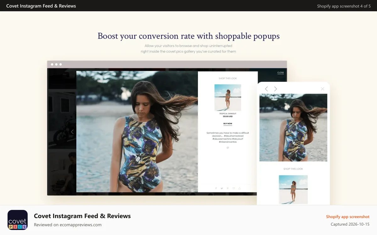 Covet Instagram Feed & Reviews Shopify app screenshot: Boost your conversion rate with shoppable popups