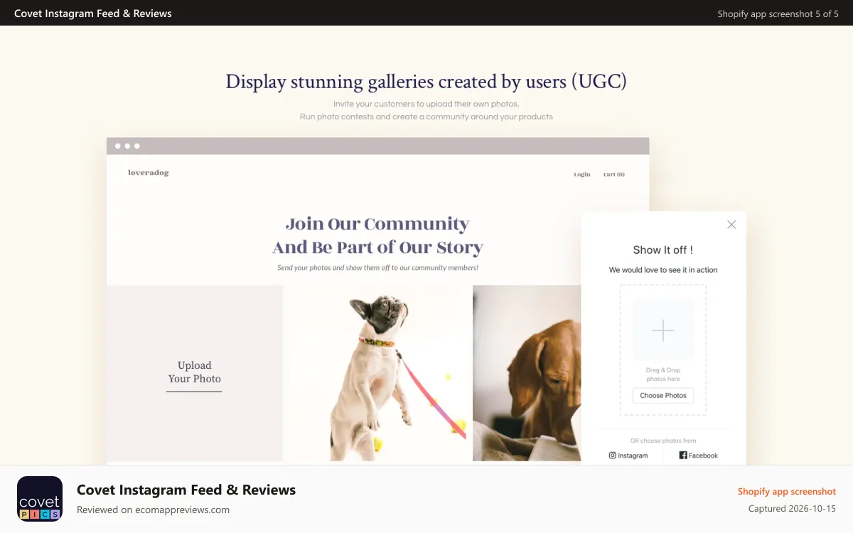 Covet Instagram Feed & Reviews Shopify app screenshot: Create stunning galleries created by users (UGC)