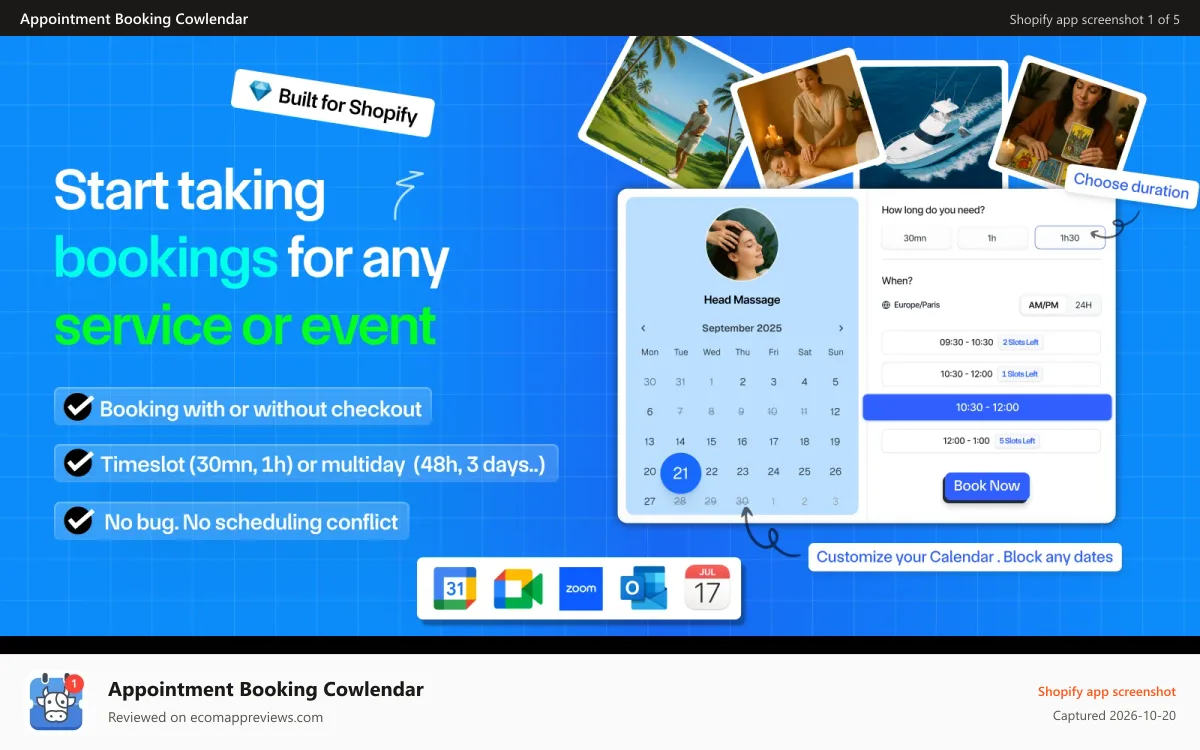 Appointment Booking Cowlendar Shopify app screenshot: cowlendar helps you to display a calendar widget on any product