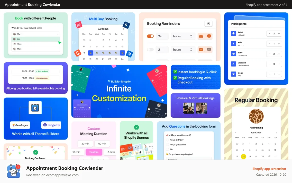 Appointment Booking Cowlendar Shopify app screenshot: booking app so more appointments and more bookings