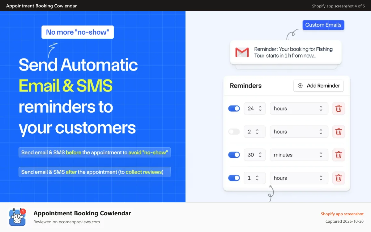 Appointment Booking Cowlendar Shopify app screenshot: send automatic reminders to your customers with cowlendar