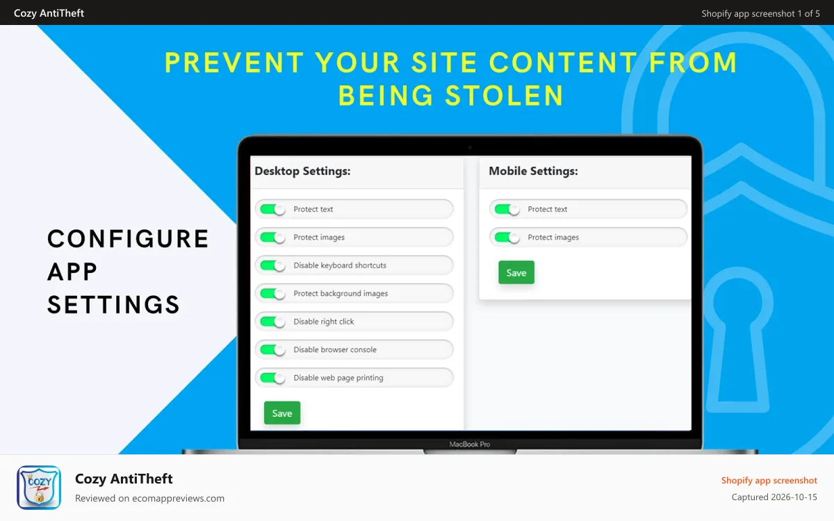 Cozy AntiTheft Shopify app screenshot: Best selling Disable, Block fraud users, Best selling Protector