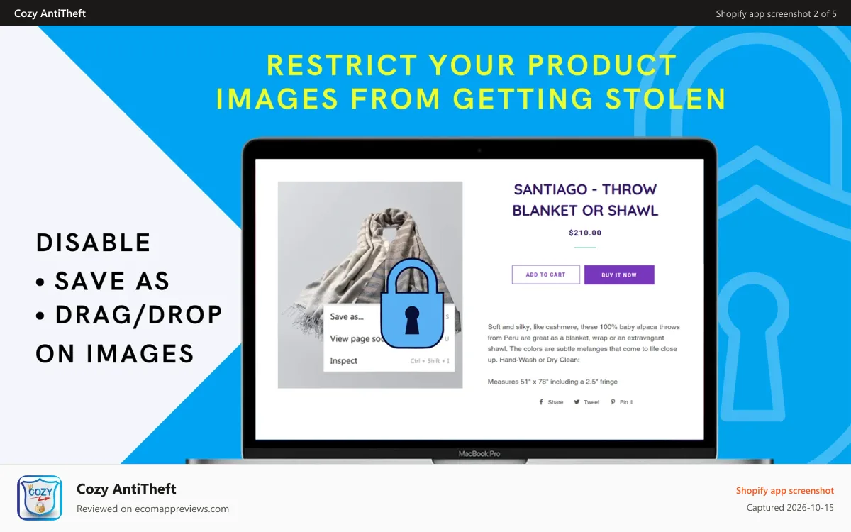 Cozy AntiTheft Shopify app screenshot: Image Protector Save as, Drag and Drop Disable