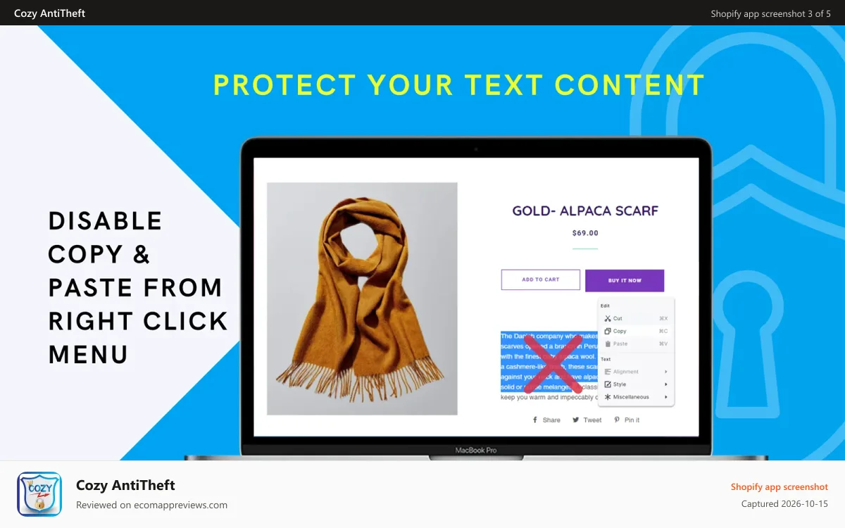 Cozy AntiTheft Shopify app screenshot: Cozy Disable Content copy paste, Store lock, Images, Gallery