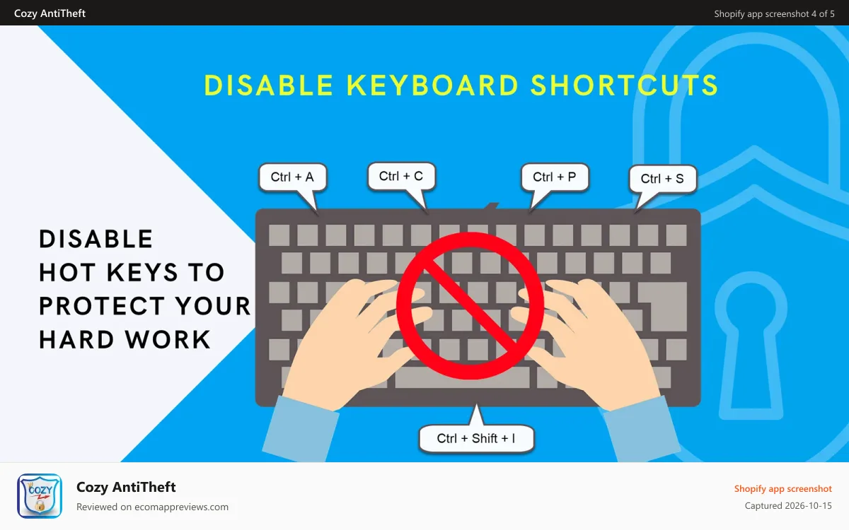 Cozy AntiTheft Shopify app screenshot: Disable right click. protect store and secure competition