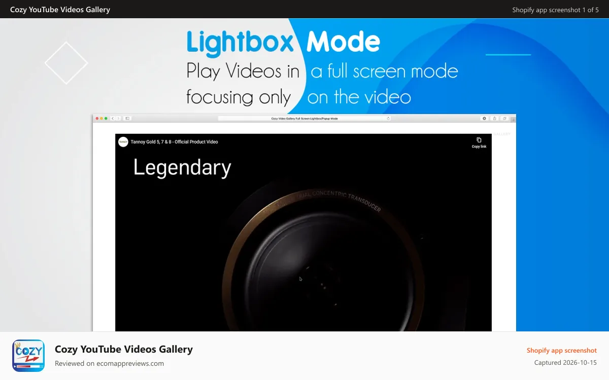 Cozy YouTube Videos Gallery Shopify app screenshot: Shopify Video Gallery Display in Popup or Light-box. FullScreen