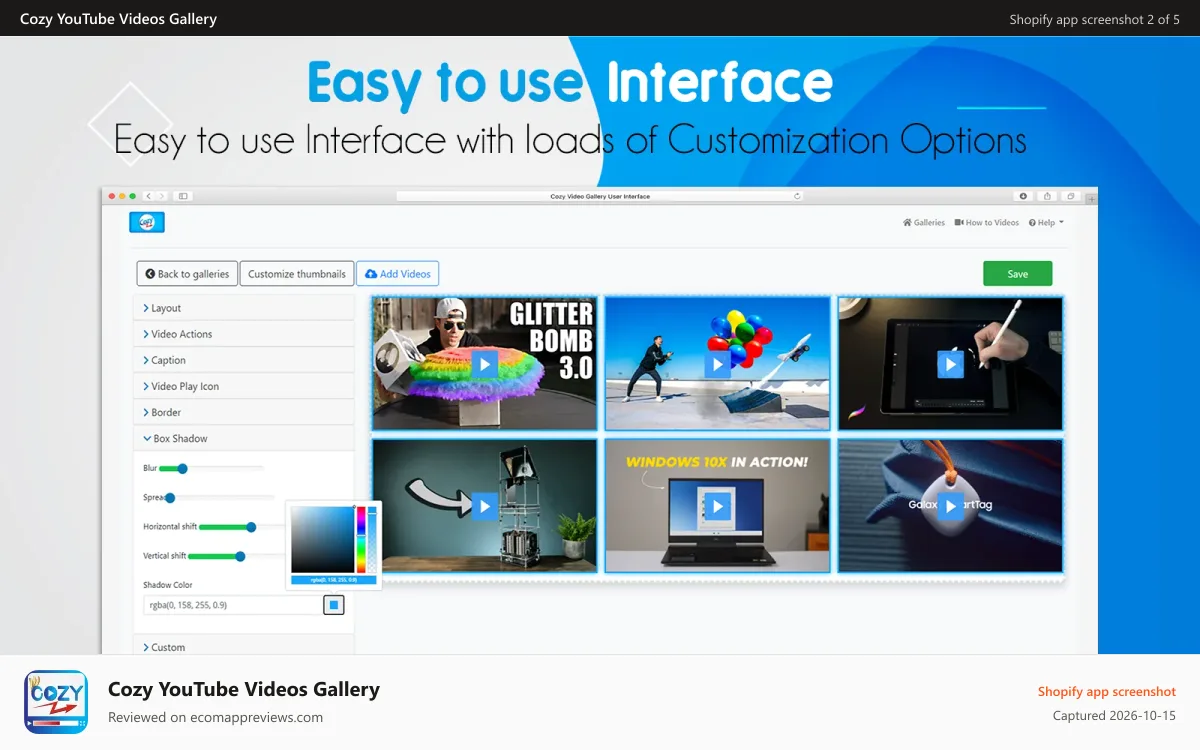 Cozy YouTube Videos Gallery Shopify app screenshot: Easy Shopify Video Gallery customize as unique as your brand