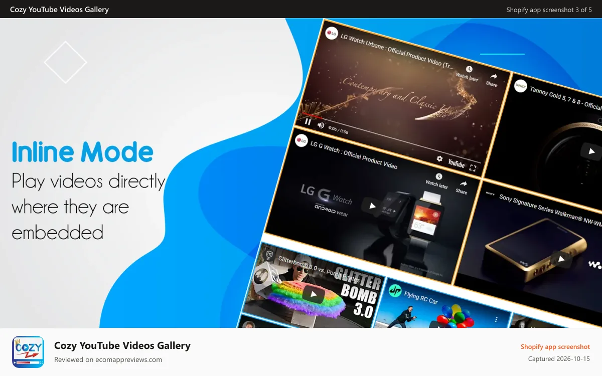 Cozy YouTube Videos Gallery Shopify app screenshot: Grid Inline Video Display Gallery. Best Shopify Gallery apps