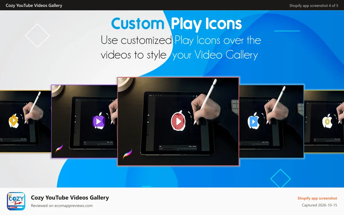 Cozy YouTube Videos Gallery Shopify app screenshot: Customization Video Play Icons Gallery like your shopify design