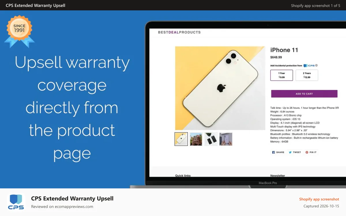CPS Extended Warranty Upsell Shopify app screenshot: Offering
