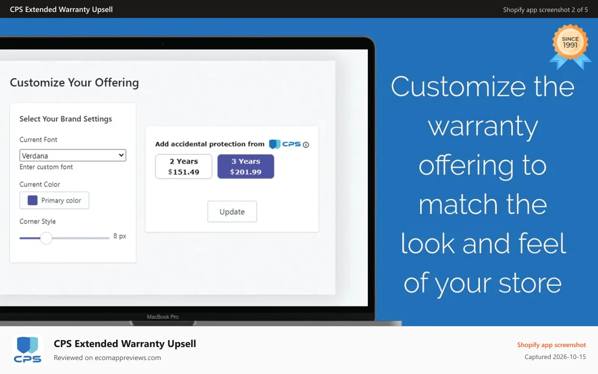 CPS Extended Warranty Upsell Shopify app screenshot: Look and feel