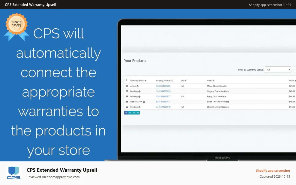 CPS Extended Warranty Upsell Shopify app screenshot: Product dashboard