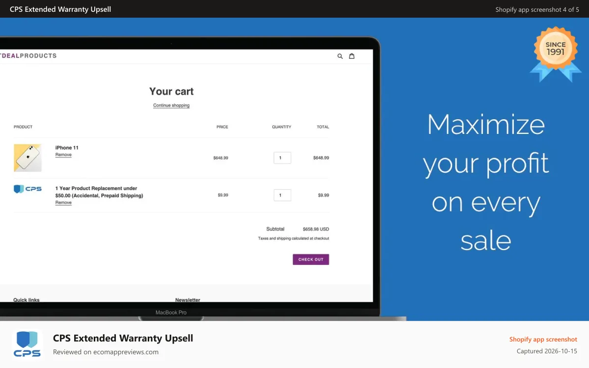 CPS Extended Warranty Upsell Shopify app screenshot: Cart page