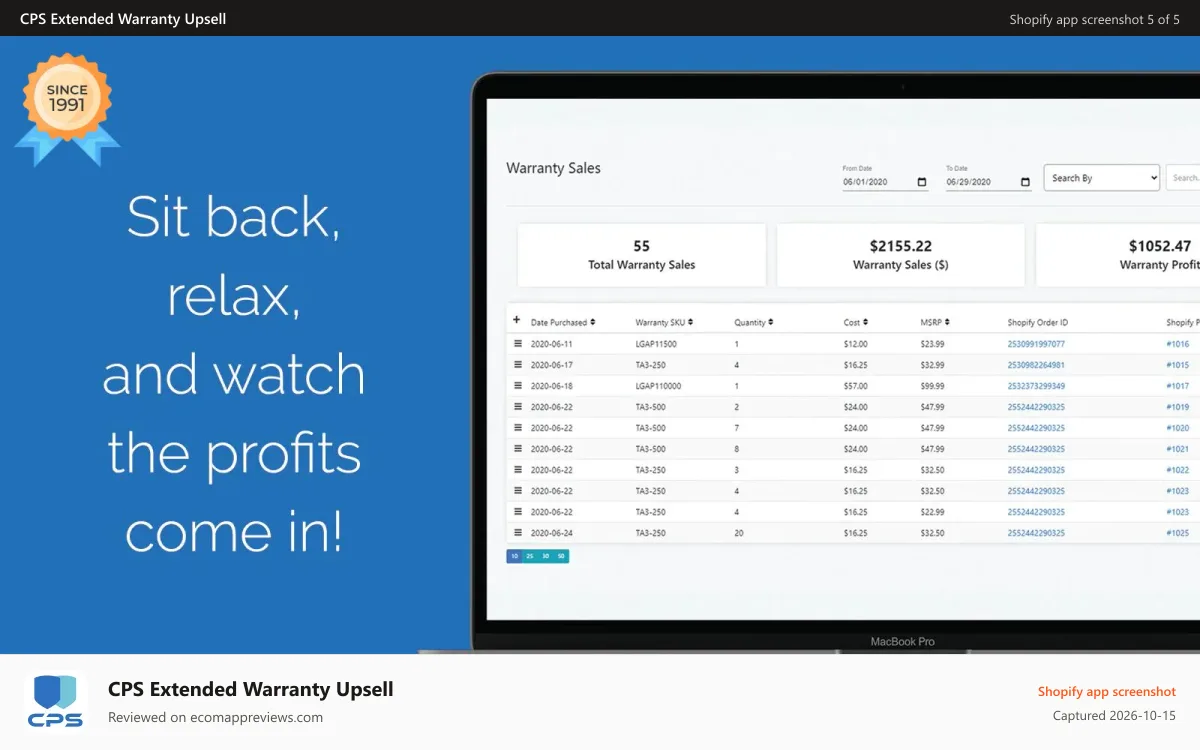 CPS Extended Warranty Upsell Shopify app screenshot: Warranty Sales